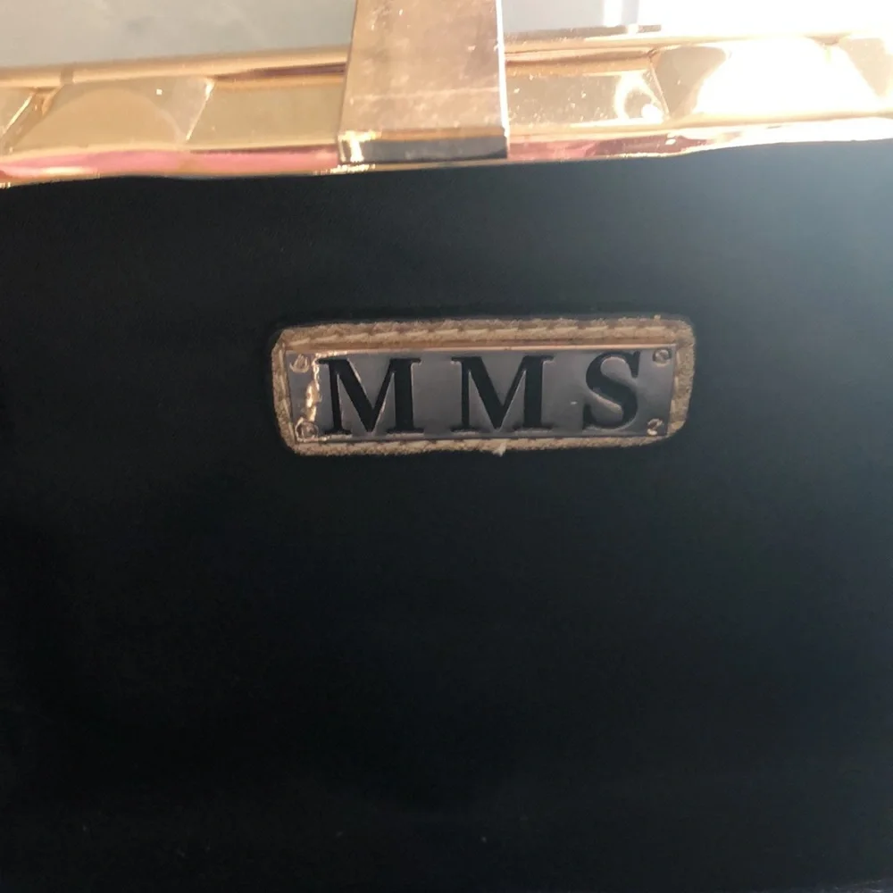 MMS gold metal and leather box clutch with cross body chain. OS - Picture 8 of 11